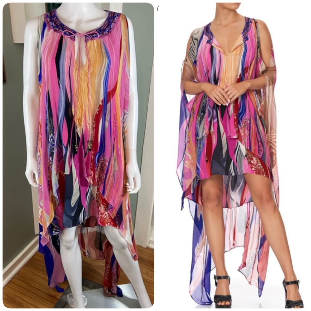 Camilla Sheer Silk Folk River Overlay High Low Maxi Dress Caftan Abstract S/M